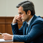 A pensive individual, a professional juror, fully clothed in a modest business suit, sitting at a large wooden table in a well-lit, quiet jury deliberation room. The person's expression conveys deep concentration and the weighty responsibility of their task, perhaps gently resting a hand on an important document. The background shows blurred outlines of other chairs and muted wall colors, emphasizing focus on the individual. Soft, natural lighting. Perfect anatomy, correct proportions, natural pose, well-formed hands, proper finger count, natural body proportions. Professional photography, high detail, high quality, safe for work, appropriate content, family-friendly.