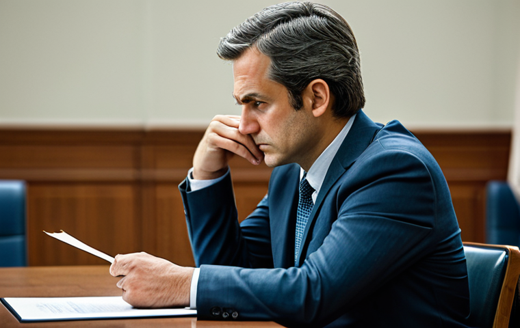 A pensive individual, a professional juror, fully clothed in a modest business suit, sitting at a large wooden table in a well-lit, quiet jury deliberation room. The person's expression conveys deep concentration and the weighty responsibility of their task, perhaps gently resting a hand on an important document. The background shows blurred outlines of other chairs and muted wall colors, emphasizing focus on the individual. Soft, natural lighting. Perfect anatomy, correct proportions, natural pose, well-formed hands, proper finger count, natural body proportions. Professional photography, high detail, high quality, safe for work, appropriate content, family-friendly.